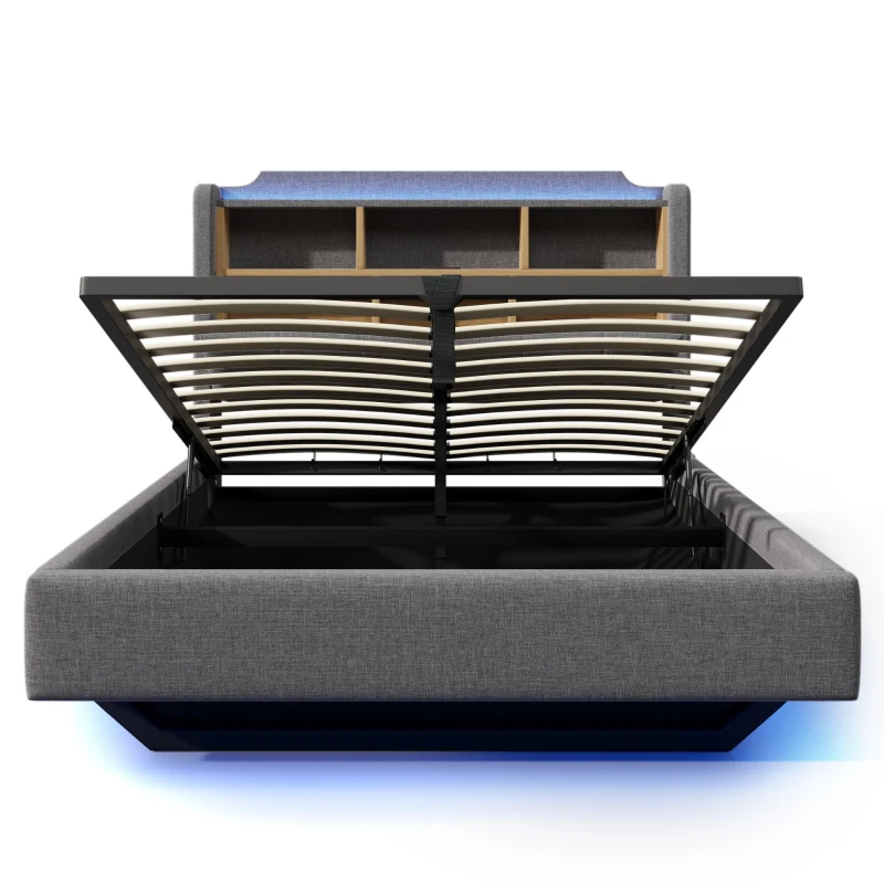 Cama estofada 140 × 200 cm, iluminação LED, design flutuante, sem colchão, 217x141x110 cm, Cinzento