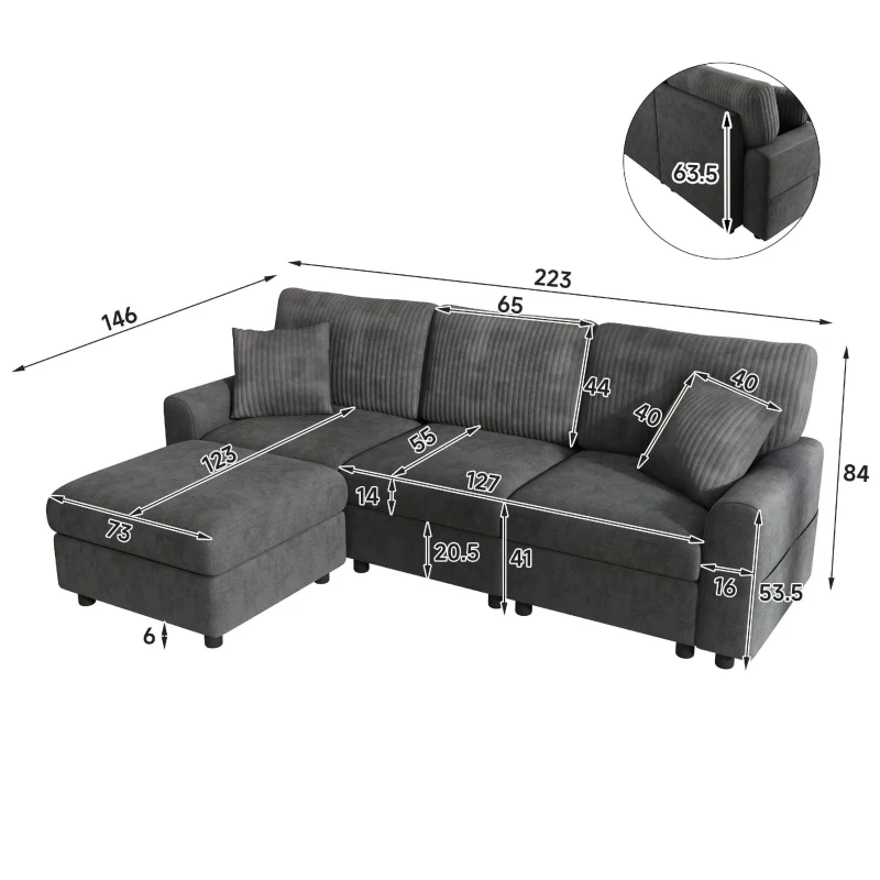 Divano moderno con pouf poggiapiedi, ricarica laterale doppia e 2 cuscini quadrati, 223x146x84 cm, Nero
