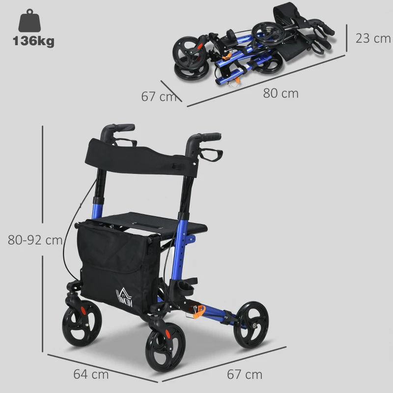 HOMCOM 4 Wheel Rollator with Seat and Back, Folding Mobility Walker with Carry Bag, Adjustable Height, Dual Brakes, Cane Holder, Lightweight Aluminium Walking Frame for Seniors and Disabled, Blue