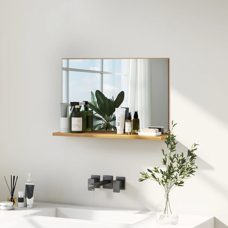 kleankin Oglindă de baie de perete cu poliță, design modern și multifuncțional, 60x12x40 cm, lemn