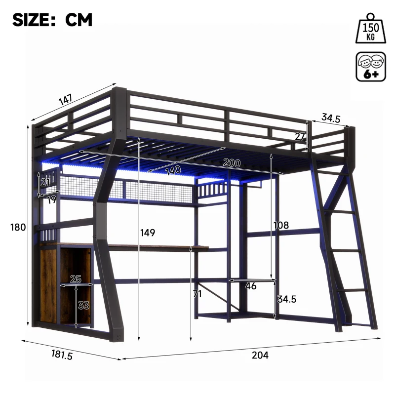 Cama alta 140x200 cm com secretária integrada, fita LED regulável e tomada integrada, 204x181,5x180 cm, Preto