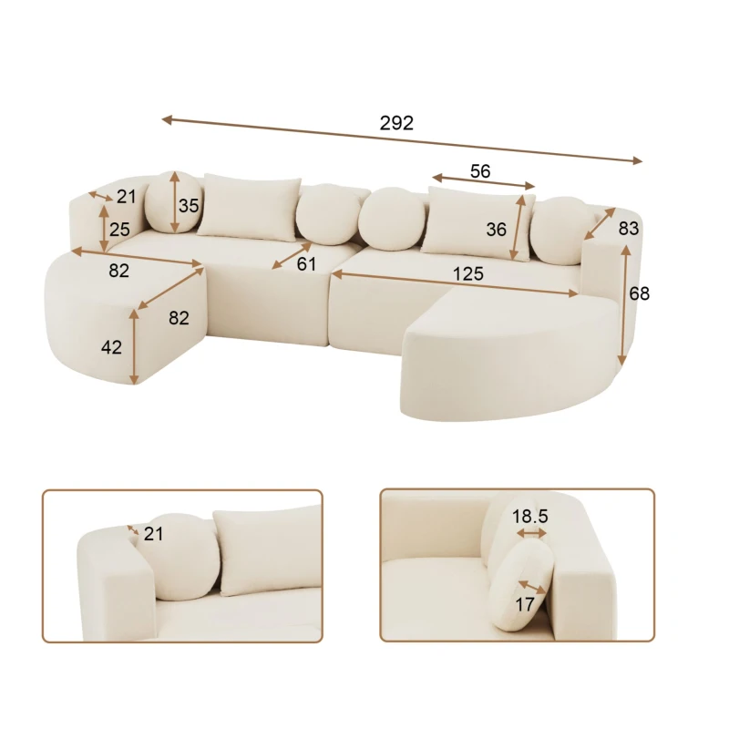 Canapé modulaire avec fonction couchage, mousse haute résilience et ressorts ensachés, 292x165x68 cm, Beige