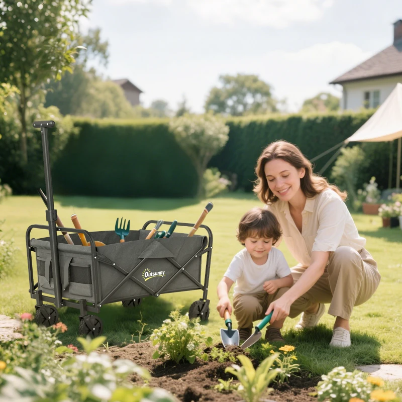 Outsunny 93L Festival Trolley on Wheels, Garden Folding Trolley Cart, 120kg Heavy Duty Collapsible Folding Wagon with Adjustable Handle and Carrying Bag for Beach, Camping, Festival, Grey