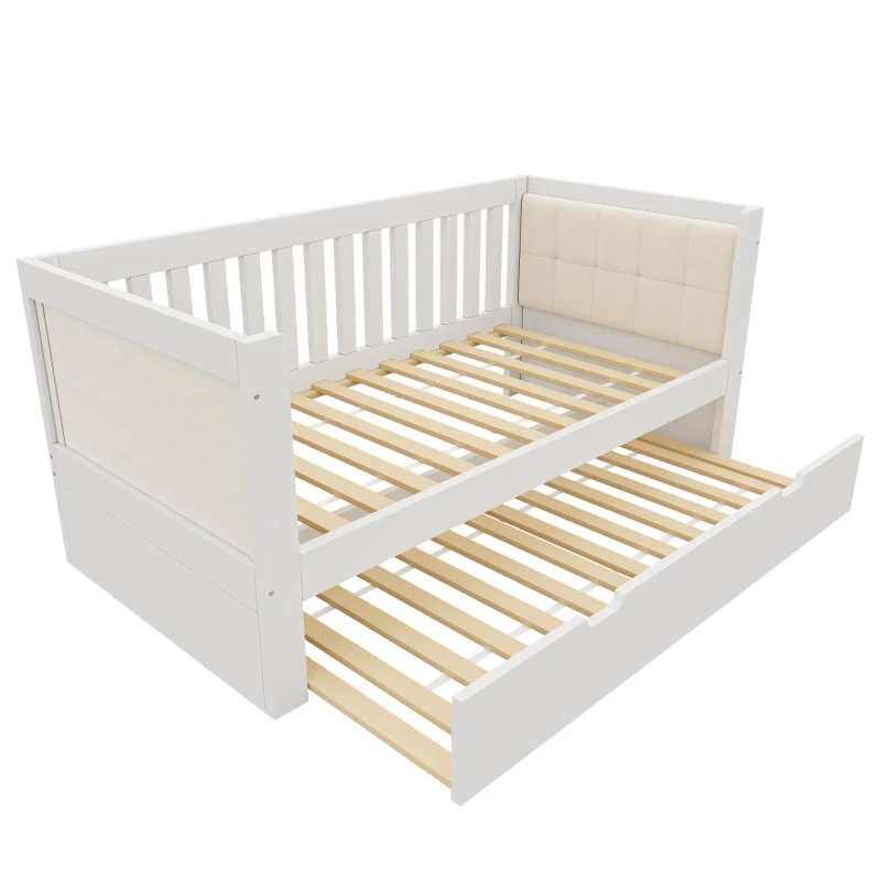 Cama de día con cama nido, diseño que ahorra espacio, madera de pino con somieres de lamas, 208x95x74 cm, Blanco