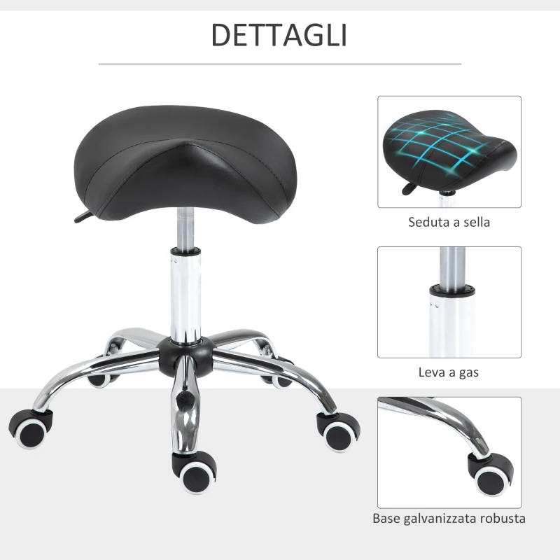 HOMCOM Scaun Taburet Rotativ cu Șa, Roți și Înălțime Reglabilă pentru Estetiști și Tatuatori, 52 x 53 x 49-61 cm, Negru