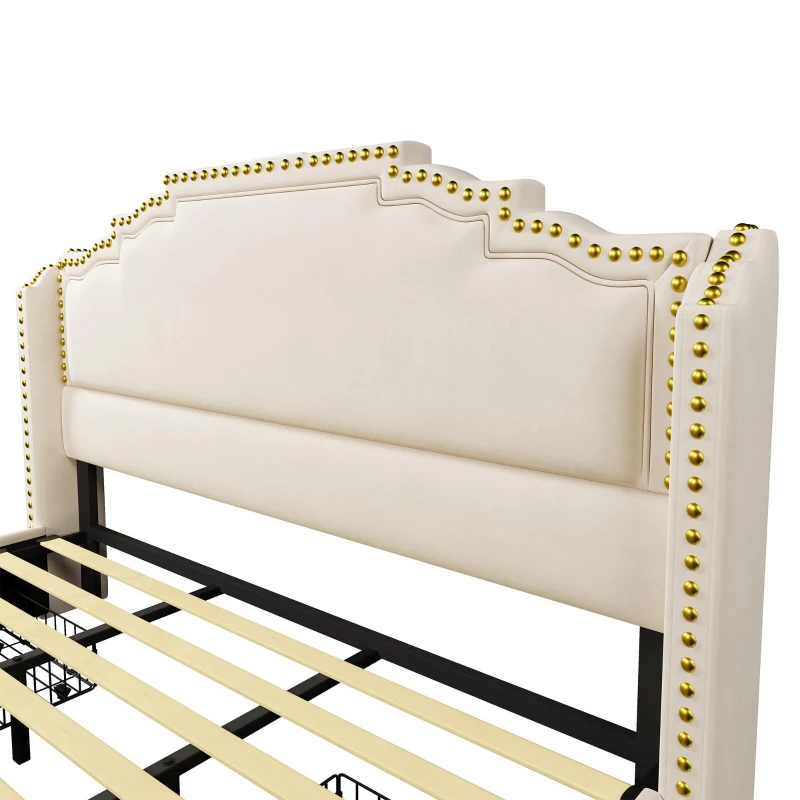 Cama estofada 180×200, cama com 4 gavetas de arrumação, iluminação LED ambiente integrada, 214x189x120 cm, Bege