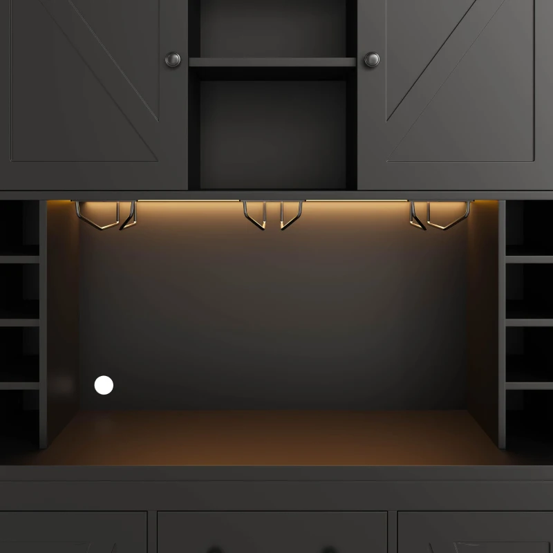 Armario alto de cocina con función de vinoteca, tira LED, baldas regulables, 105x40x180 cm, Negro