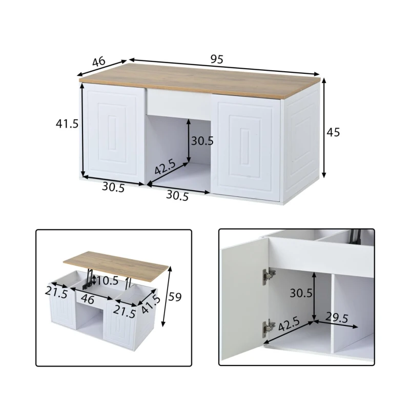 Mesa de centro elevável para sala de estar, duas portas de armário e cantos grandes e arredondados, 46x95x45 cm, Branco