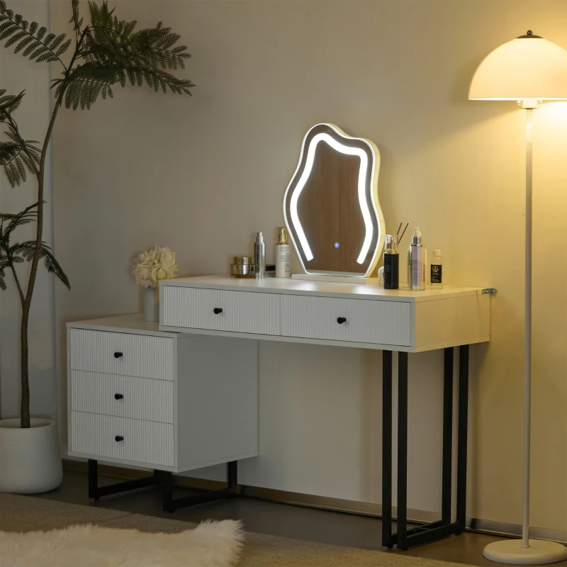 Tavolo da trucco con illuminazione LED, specchio regolabile e piano estraibile, 100x40x76 cm, Bianco