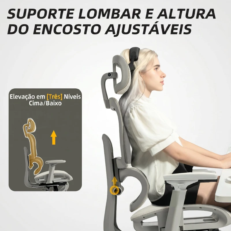 HOMCOM Cadeira de Escritório Ergonómica de Rede com Apoios de Braços 3D Reclinável até 135° Encosto de Cabeça Ajustável Bege