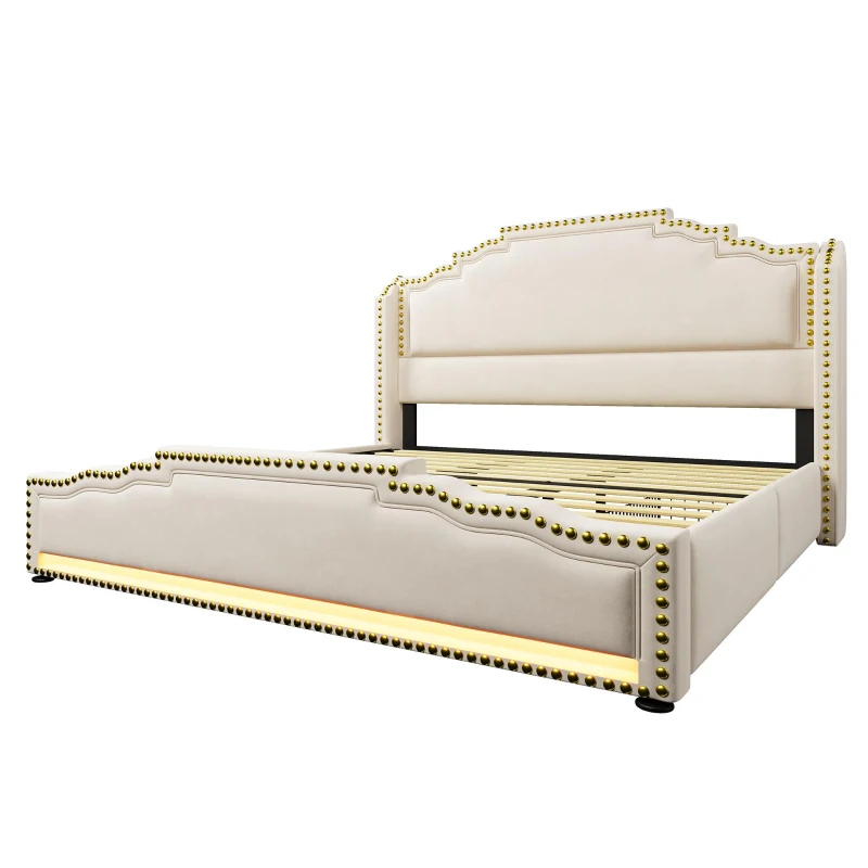 Cama estofada 180×200, cama com 4 gavetas de arrumação, iluminação LED ambiente integrada, 214x189x120 cm, Bege