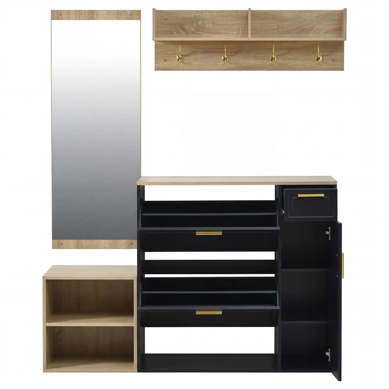 Set guardaroba 4 pezzi, set completo di mobili per ingresso con scarpiera, panca, appendiabiti da parete e specchio, 130x30x174 cm, Nero