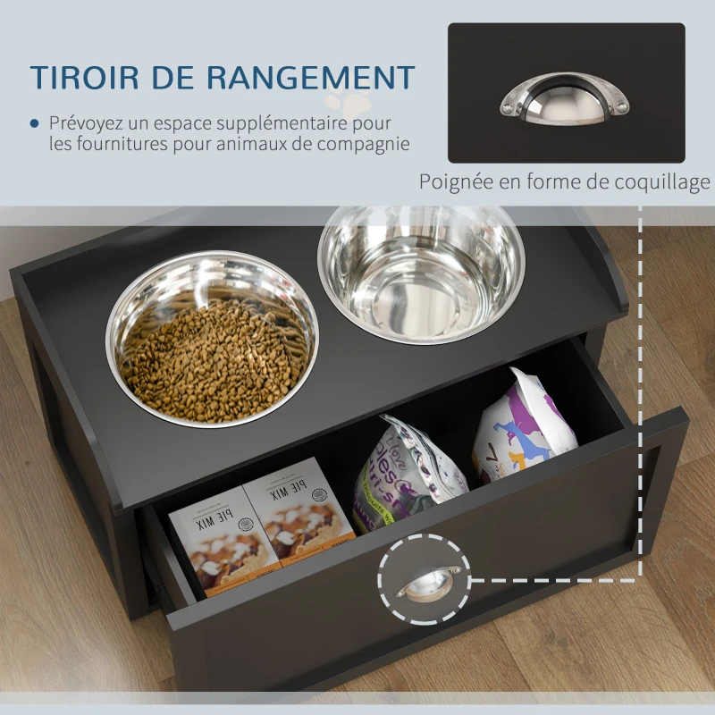 PawHut Gamelle Double Chien Chat - Porte-Gamelles Surélevé Rangement 2 en 1 - Tiroir, 2 Gamelles - Acier Inox MDF Noir
