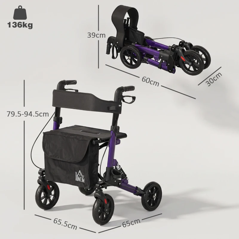 HOMCOM Folding Rollator Walker with Seat, Backrest, Lightweight Walking Frame with Storage Bag, Dual Brakes, Adjustable Handle Height, Suspension System, 4 Wheeled Walker for Seniors, Purple
