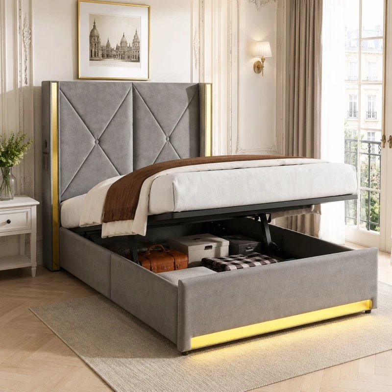 Letto singolo vellutato con testiera imbottita e trapuntata e tasche laterali, 100x213x141 cm, Grigio scuro