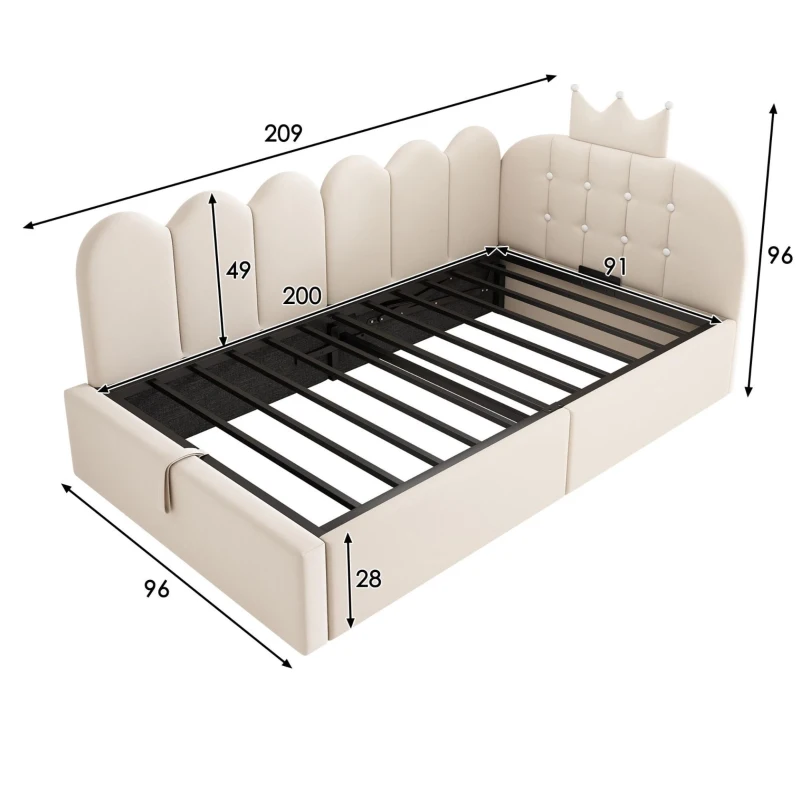 Letto singolo a L imbottito con spazio contenitore inferiore, 209x96x96 cm, Beige