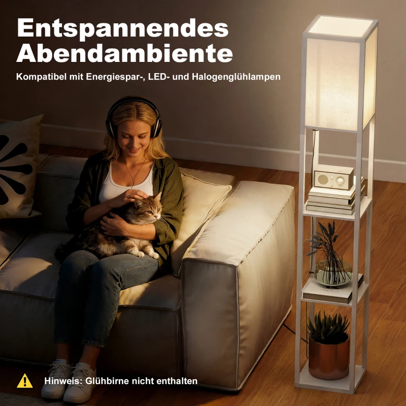 HOMCOM vloerlamp verlichting met 3 planken E27 tot 40 W E1-kwaliteit MDF wit