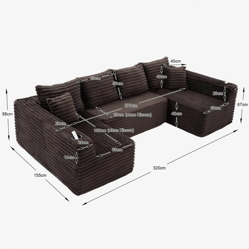Divano a U in velluto a coste con portabicchieri integrato e tasca laterale, imbottitura a molle, 320x155x88 cm, Marrone