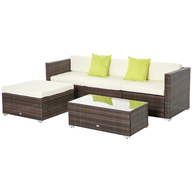 Outsunny 5pcs Rattan L-Shaped Corner Couch Sofas with Coffee Table Adjustable Feet Water-resistant Polyester Cloth Brown