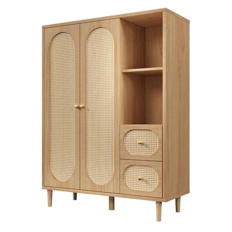 Guarda-roupa estilo rústico, 2 portas, 2 gavetas & prateleiras abertas para muito espaço de arrumação, 120x44x161 cm, Cor natural