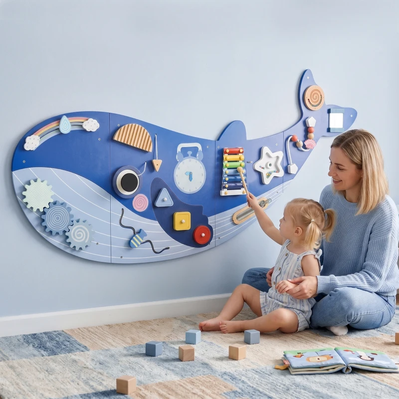 AIYAPLAY Montessori Motoriekbord 13-in-1 van Hout in Walvorm - Busy Board met Xylofoon, Klok en Tandwielen