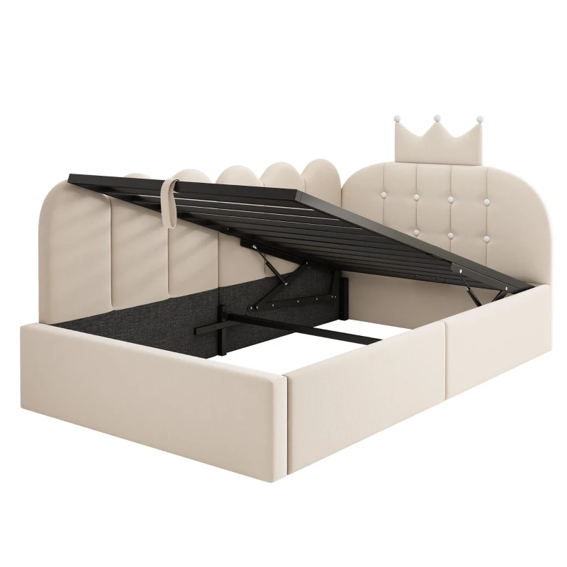 Letto singolo a L imbottito con spazio contenitore inferiore, 199x96x96 cm, Beige