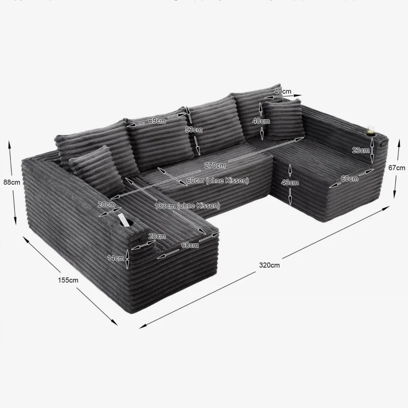 Divano a U in velluto a coste con portabicchieri integrato e tasca laterale, imbottitura a molle, 320x155x88 cm, Grigio scuro