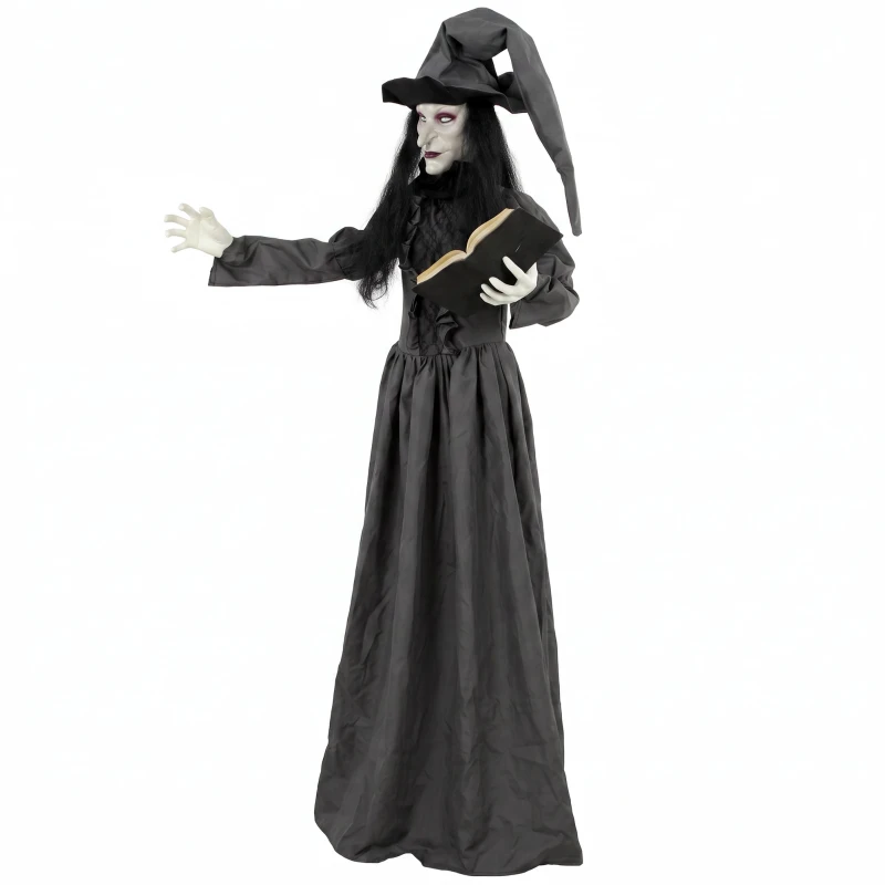 HOMCOM 180 cm Halloween Animierte Hexe Dekoration Lebensgroß mit leuchtenden Augen, Gruseliger Sound, Berührungsaktivierung