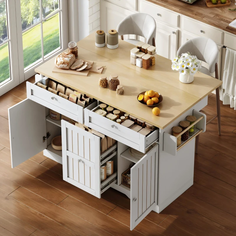Isola da cucina mobile con piano di lavoro ribaltabile, cassetti verticali a 2 livelli e ruote bloccabili a 360°, 120x70x92 cm, Bianco