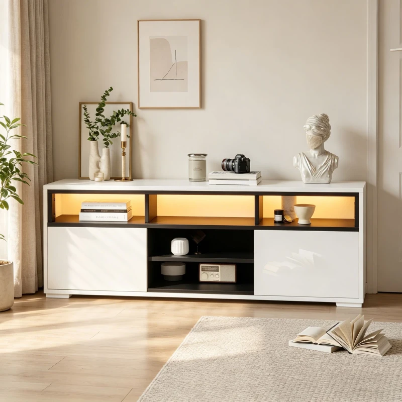 Mobile TV LED 65 pollici max salvaspazio con finitura laccata lucida, 150x35x50 cm, Bianco
