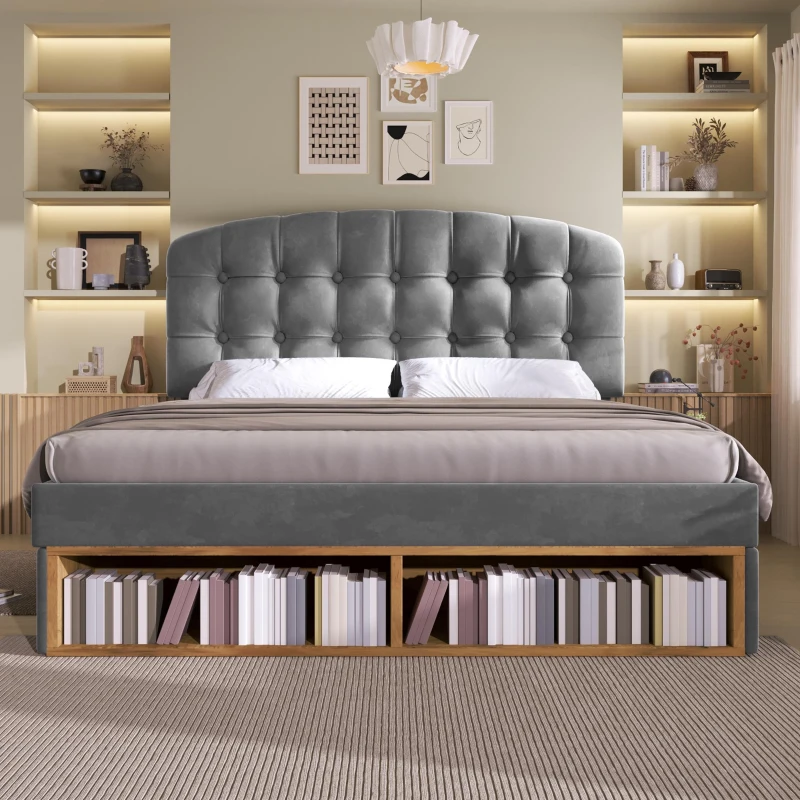 Letto matrimoniale imbottito con testiera sagomata regolabile in altezza a 3 livelli, 197x151x120 cm, Grigio