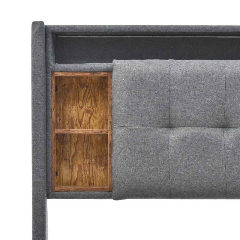 Letto matrimoniale imbottito con testiera portaoggetti e rete a doghe, in legno massello e metallo, 223x169x107 cm, Grigio