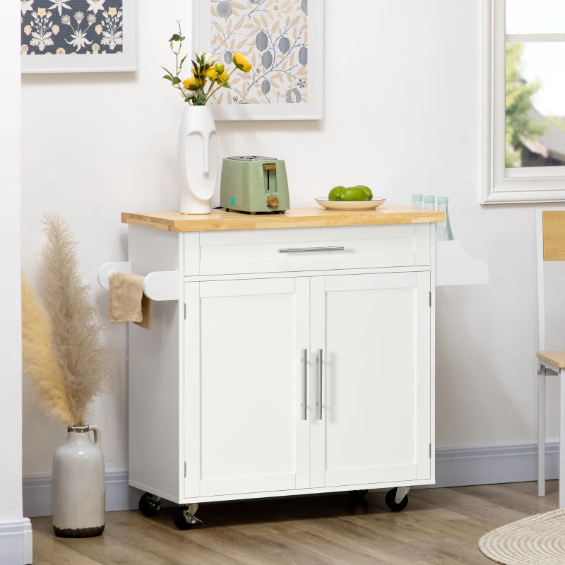 HOMCOM Keukentrolley Serveerwagen Keukeneiland, 1 Kruidenrek, 1 Handdoekhouder, 109 cm x 40 cm x 89 cm, Wit