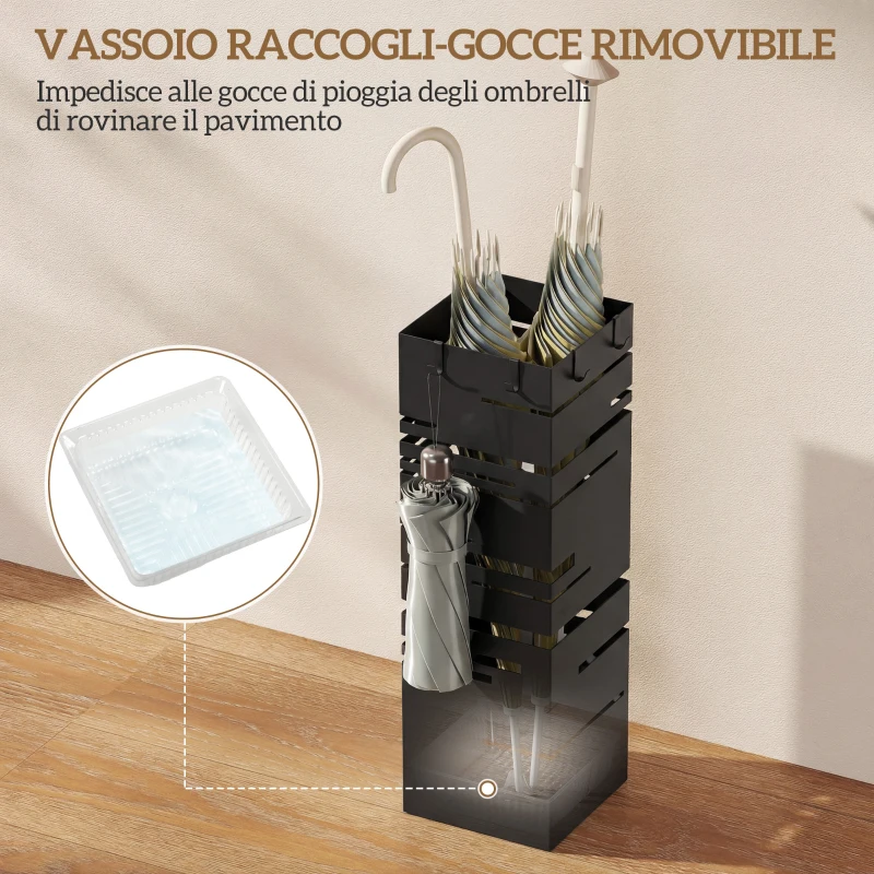 HOMCOM Portaombrelli Quadrato in Metallo con Vassoio Antigoccia Rimovibile e 4 Ganci, 15.5x15.5x49 cm, Nero