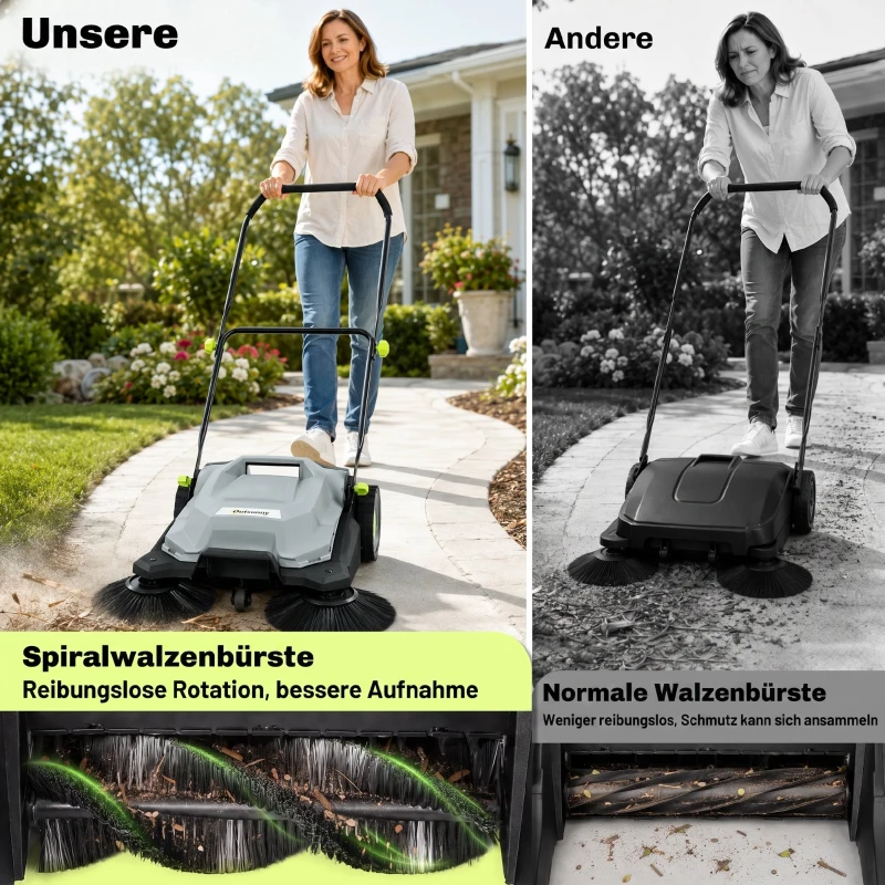 Outsunny ehrmaschine manuell mit 68 cm Kehrbreite, 24 L Schmutzbehälter, Höhenverstellbar klappbar Griff 3-Bürsten-Kehrsystem
