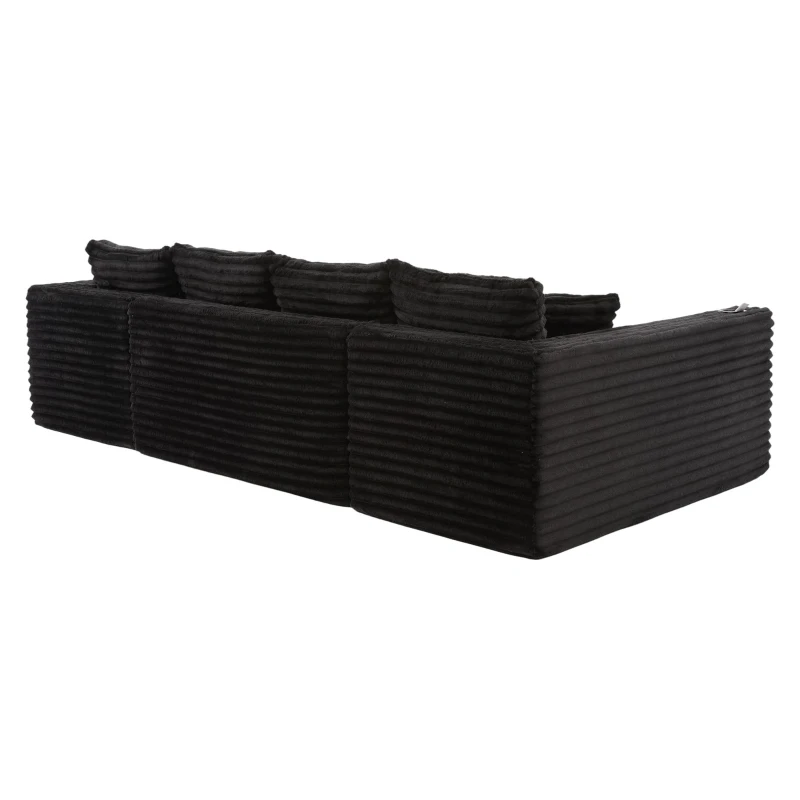 Divano a U in velluto a coste con portabicchieri integrato e tasca laterale, imbottitura a molle, 320x155x88 cm, Nero