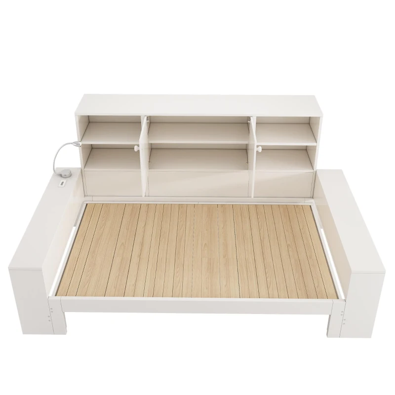 Cama com arrumação 90x200 cm, cama de hóspedes extensível 180x200 cm, 3 prateleiras reguláveis em altura, 237x133x100 cm, Branco
