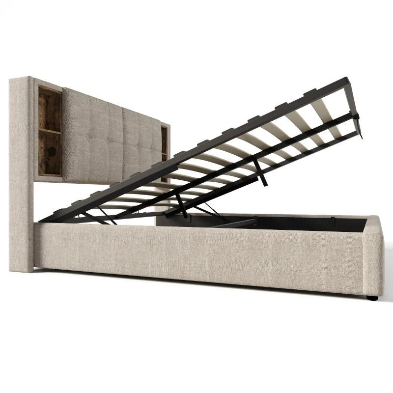 Cama estofada com arrumação, cabeceira com prateleiras, para colchão 180x200 cm, 206x185x100,5 cm, Cor natural