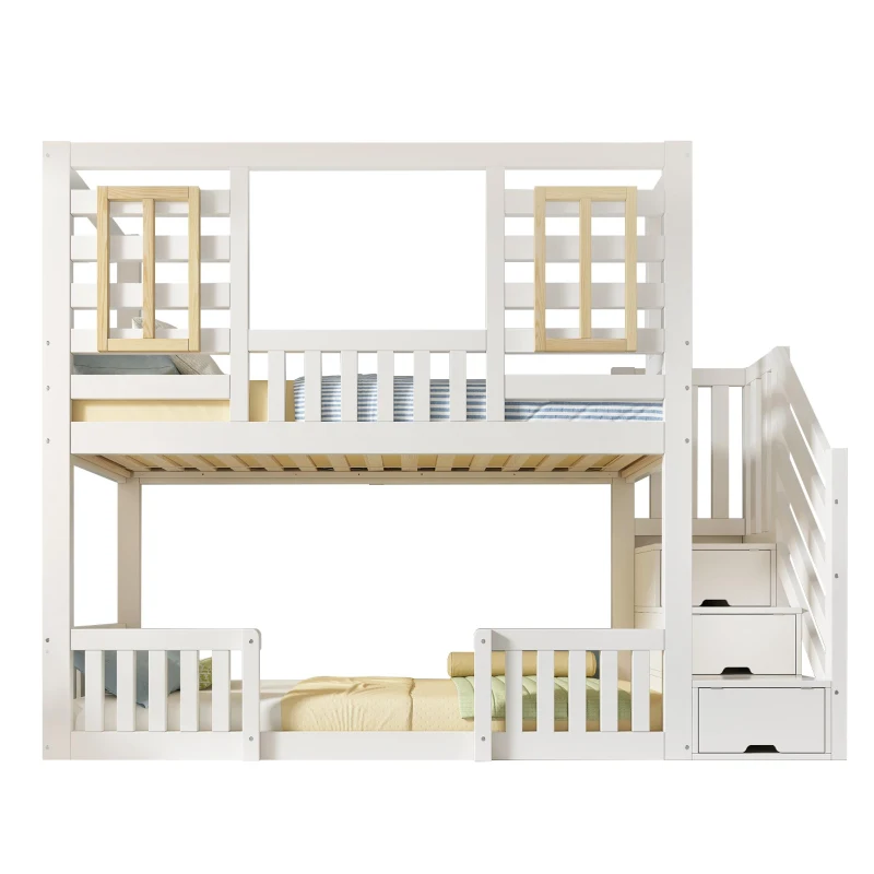 Letto a castello 4 posti con armadio a scaletta e spazio contenitore, 254x95x170 cm, Bianco