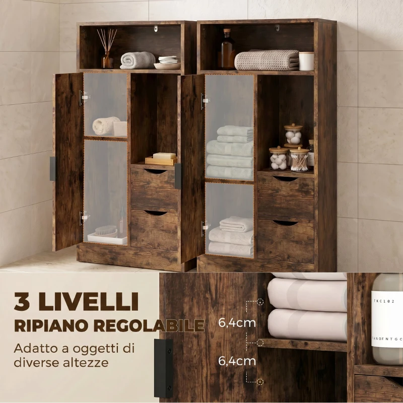 HOMCOM Mobile Bagno Slim con Cassetti e Scomparti Aperti, 50x25x100 cm, Marrone Rustico