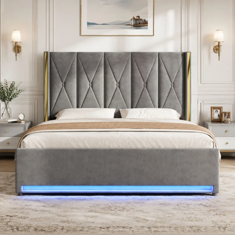 Cama de terciopelo con cabecero acolchado y capitoné, prácticos bolsillos laterales, apta para colchón 180x200 cm, 190x213x141 cm, Gris oscuro