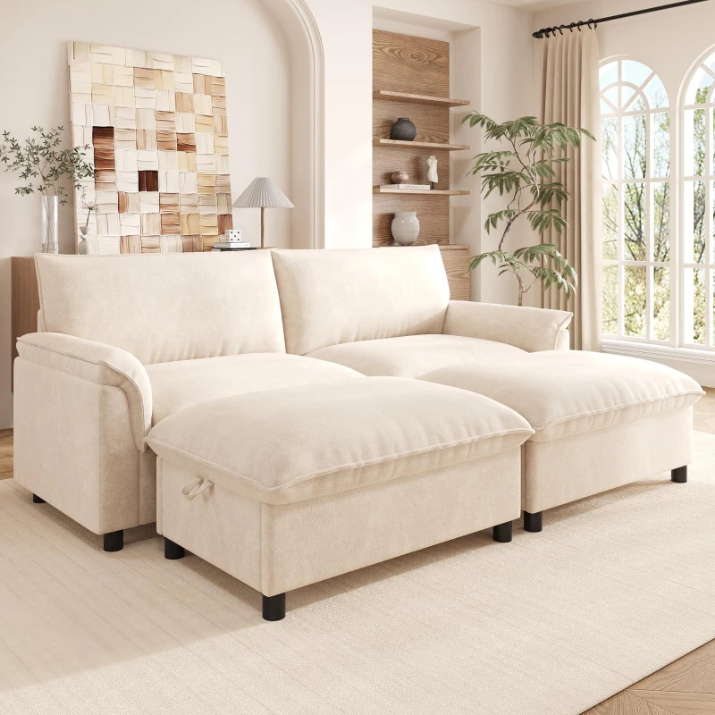 Divano a U con pouf poggiapiedi flessibile e vano portaoggetti nascosto, 216x77x82 cm, Beige