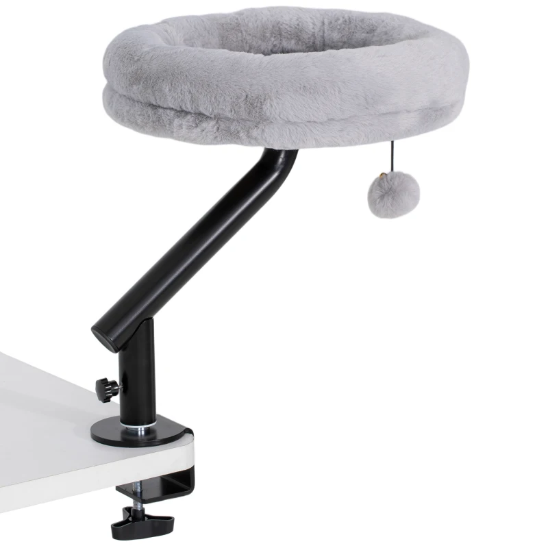 PawHut Lit de Bureau pour Chat Rotation de 360° et Hauteur Réglable, Lit pour Chat Lavable avec Balle Jouet,  35x35x48cm, Gris