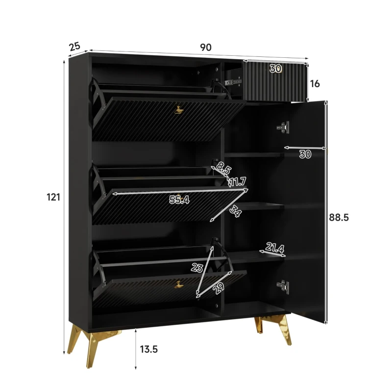 Armadio scarpiera con 3 ante a ribalta salvaspazio dal design moderno, 90x25x121 cm, Nero