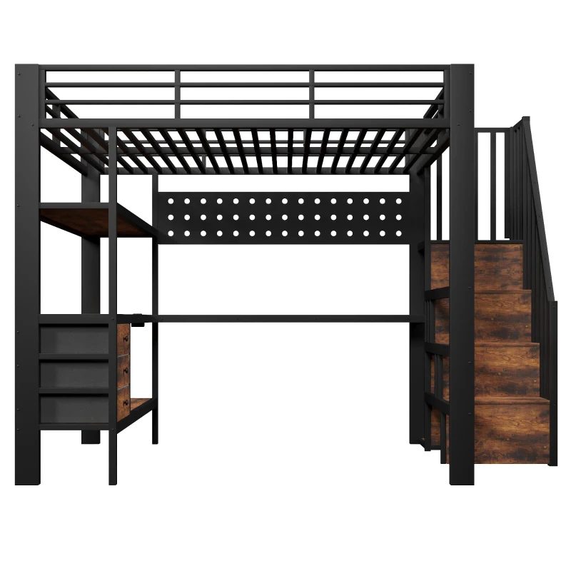 Letto matrimoniale a soppalco con mensola e 3 cassetti, 251x146x170 cm, Nero