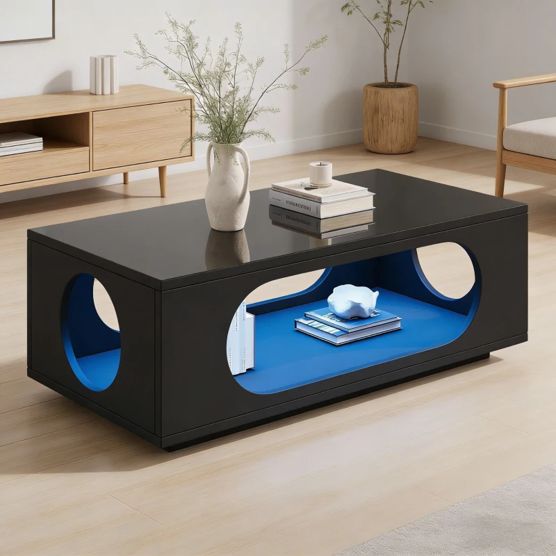 Mesa de centro con iluminación LED, gran espacio de almacenamiento con gestión de cables integrada, 100x50x35 cm, Negro