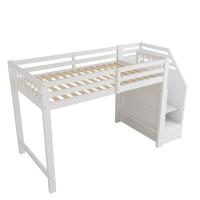 Letto a soppalco per bambini con rete a doghe, parapetto perimetrale e vano portaoggetti, 256x98,5x147 cm, Bianco
