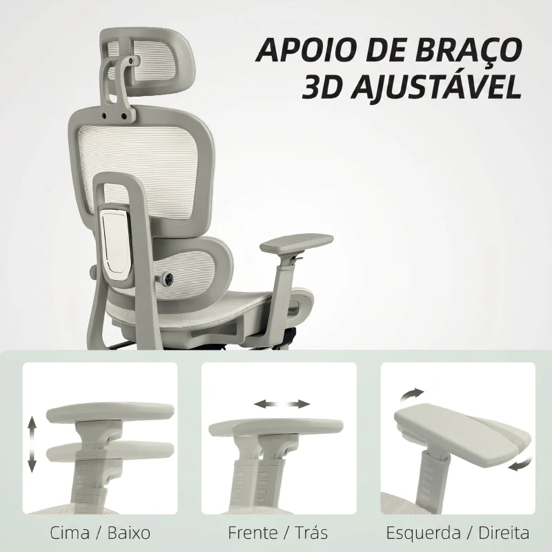 HOMCOM Cadeira de Escritório Ergonómica de Rede com Apoios de Braços 3D Reclinável até 135° Encosto de Cabeça Ajustável Bege