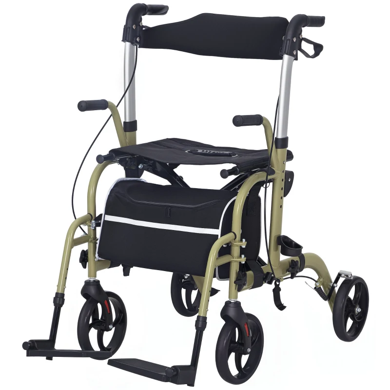 HOMCOM Deambulatore Pieghevole con Poggiapiedi e Borsa, in Alluminio, PP e Poliestere, 59x104x88-101 cm, Giallo e Verde