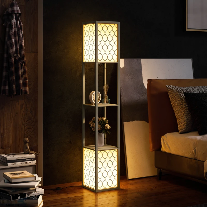 HOMCOM Floor Lamp with Shelves, Dual Light, Modern Tall Standing Lamps, with Pull Chain Switch (Bulb not Included), Light Grey